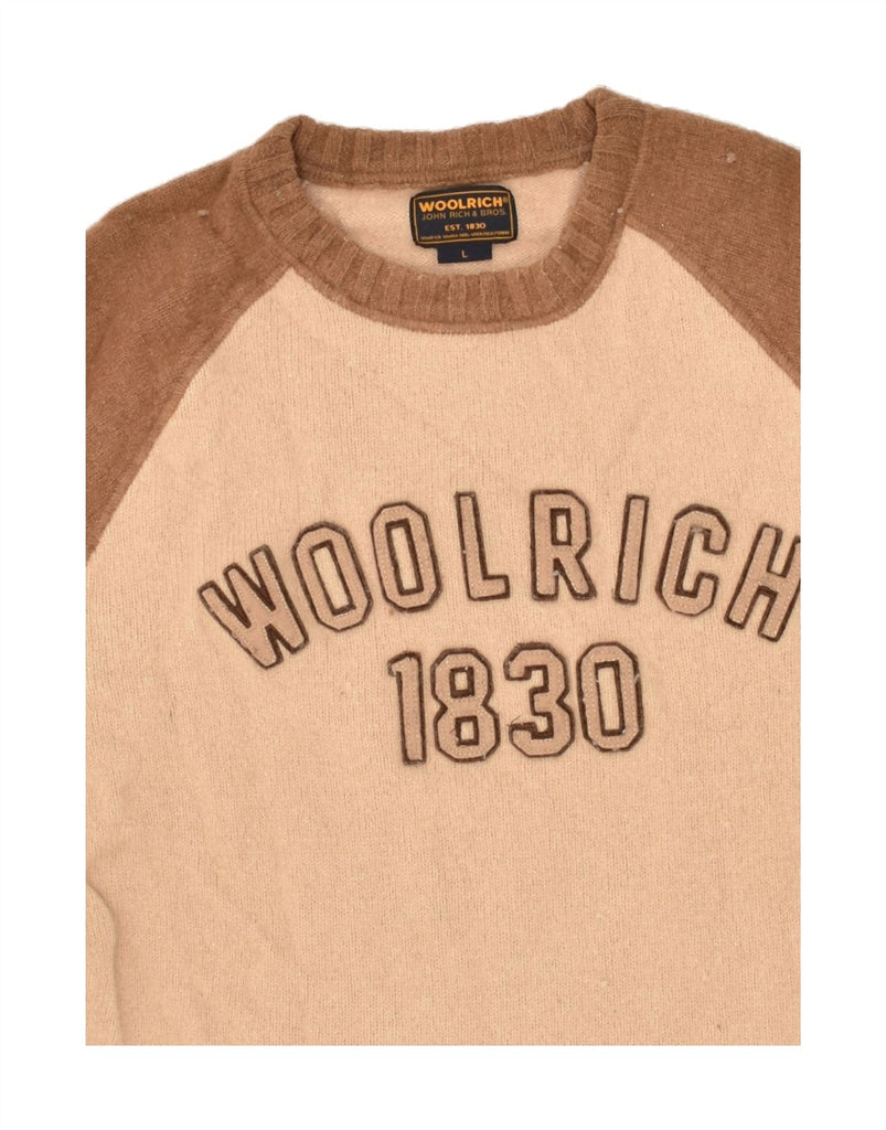 WOOLRICH Mens Graphic Crew Neck Jumper Sweater Large Beige Colourblock Vintage Woolrich and Second-Hand Woolrich from Messina Hembry 