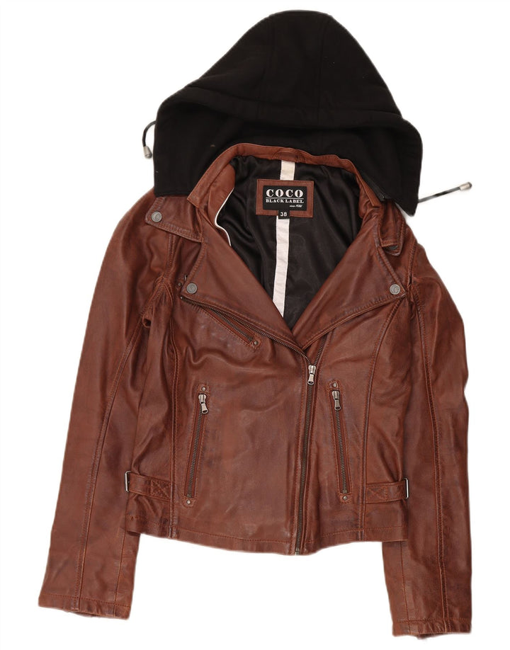 Vintage Womens Hooded Biker Jacket EU 38 Medium Brown Colourblock
