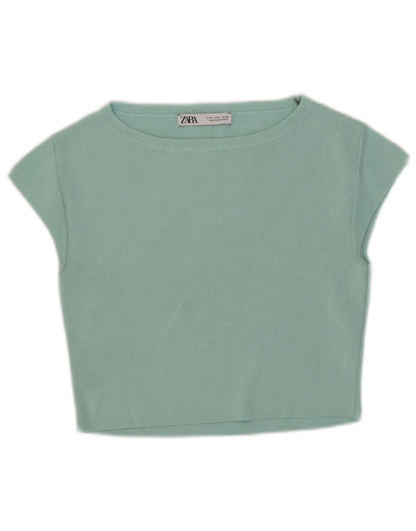 Zara Womens Crop T-Shirt Top UK 12 Medium Turquoise Viscose