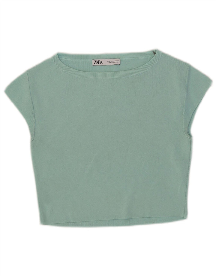 Zara Womens Crop T-Shirt Top UK 12 Medium Turquoise Viscose