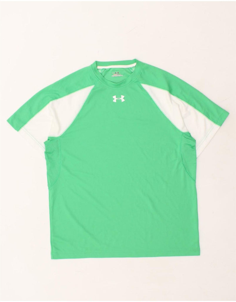UNDER ARMOUR Mens Heat Gear T-Shirt Top Small Green Colourblock Polyester | Vintage Under Armour | Thrift | Second-Hand Under Armour | Used Clothing | Messina Hembry 