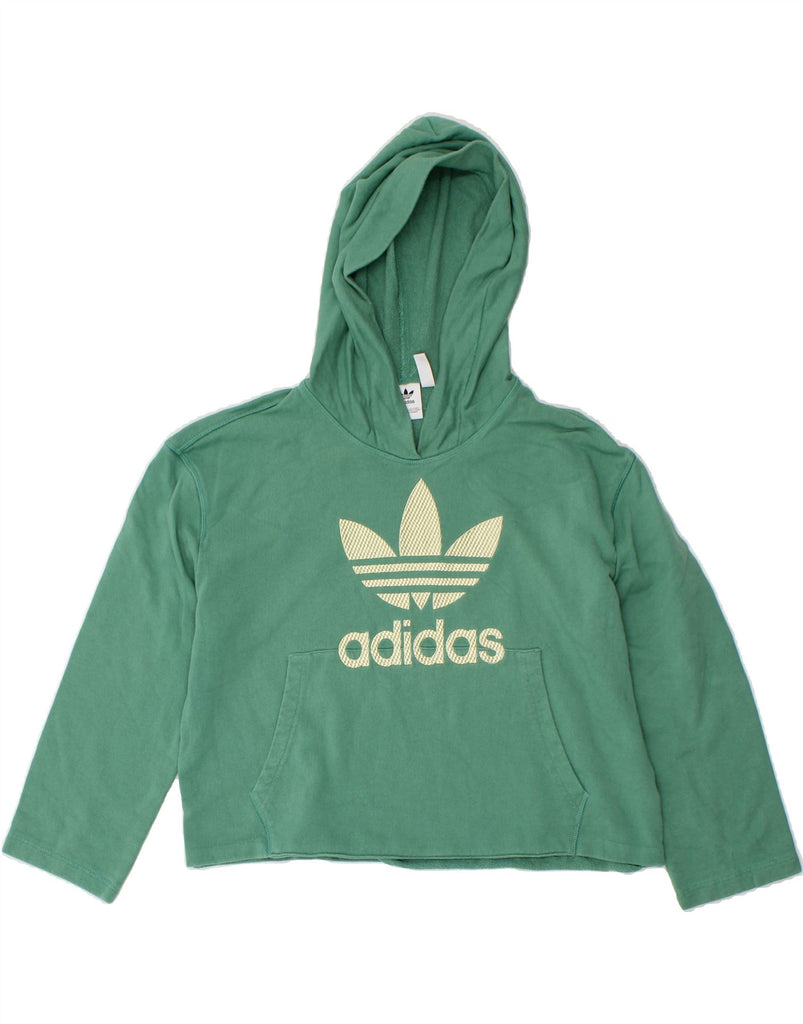 ADIDAS Womens Crop Graphic Hoodie Jumper UK  4 XS Green Cotton | Vintage Adidas | Thrift | Second-Hand Adidas | Used Clothing | Messina Hembry 