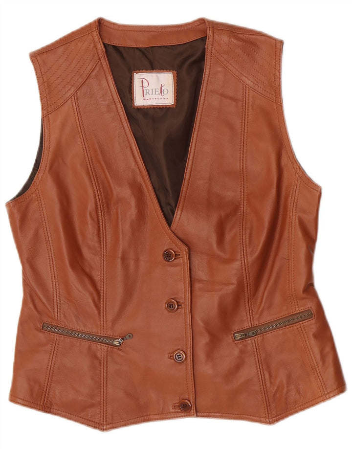 Prieto Womens Crop Leather Waistcoat UK 12 Medium Brown