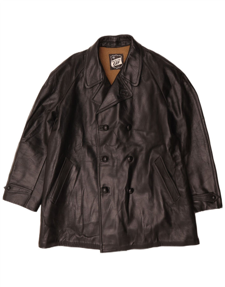 Vintage Mens Double Breasted Leather Jacket IT 58 4XL Black