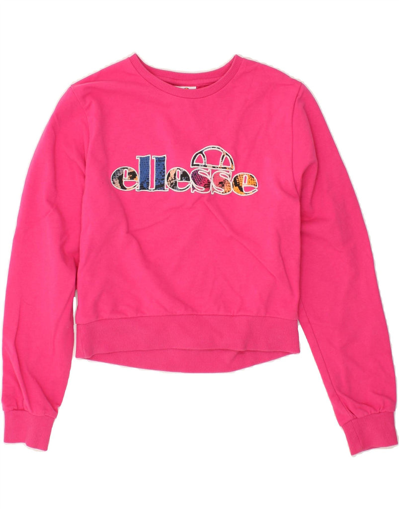 ELLESSE Womens Graphic Crop Sweatshirt Jumper UK 10 Small Pink | Vintage Ellesse | Thrift | Second-Hand Ellesse | Used Clothing | Messina Hembry 