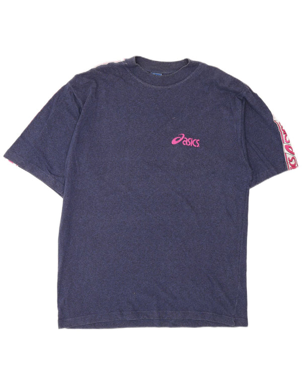 ASICS Mens Graphic T-Shirt Top Large Navy Blue Colourblock Cotton