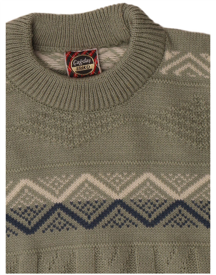 Vintage Mens Crew Neck Jumper Sweater Medium Khaki Geometric Cotton