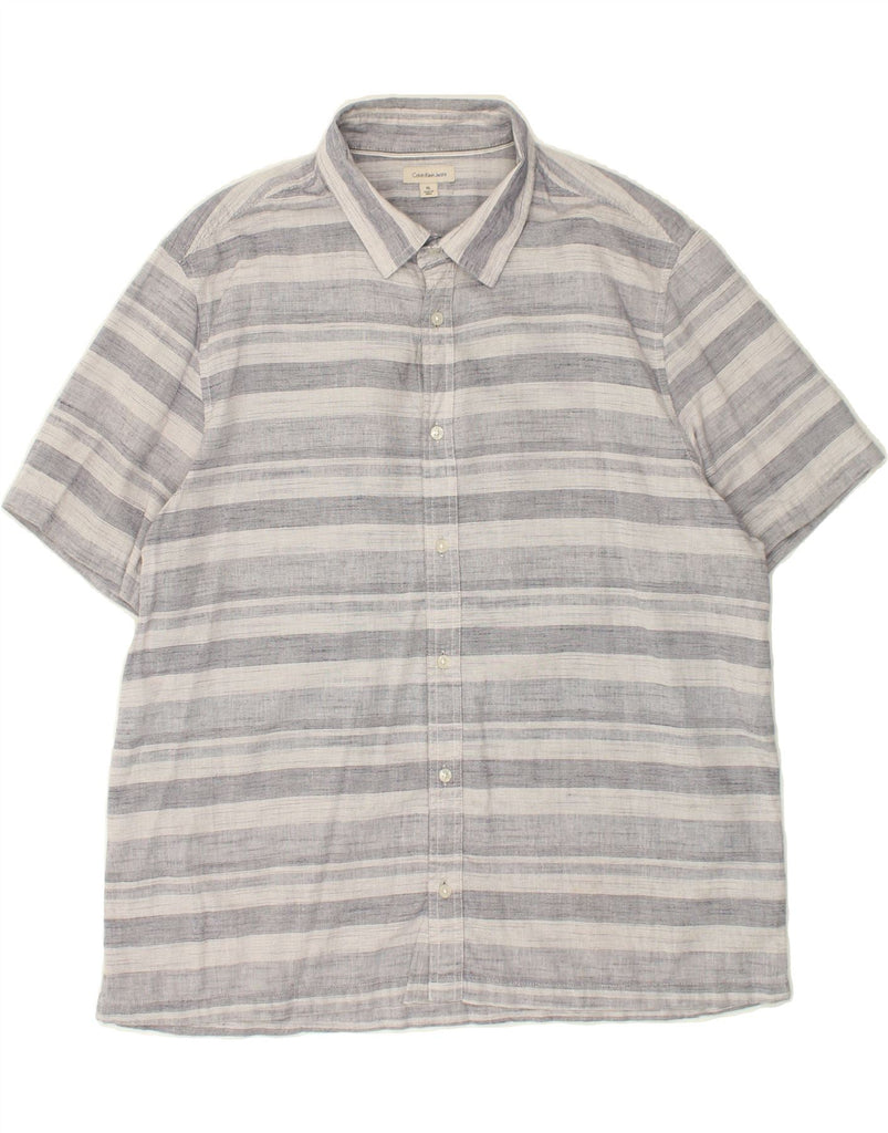 CALVIN KLEIN Mens Short Sleeve Shirt XL Grey Striped Cotton | Vintage Calvin Klein | Thrift | Second-Hand Calvin Klein | Used Clothing | Messina Hembry 