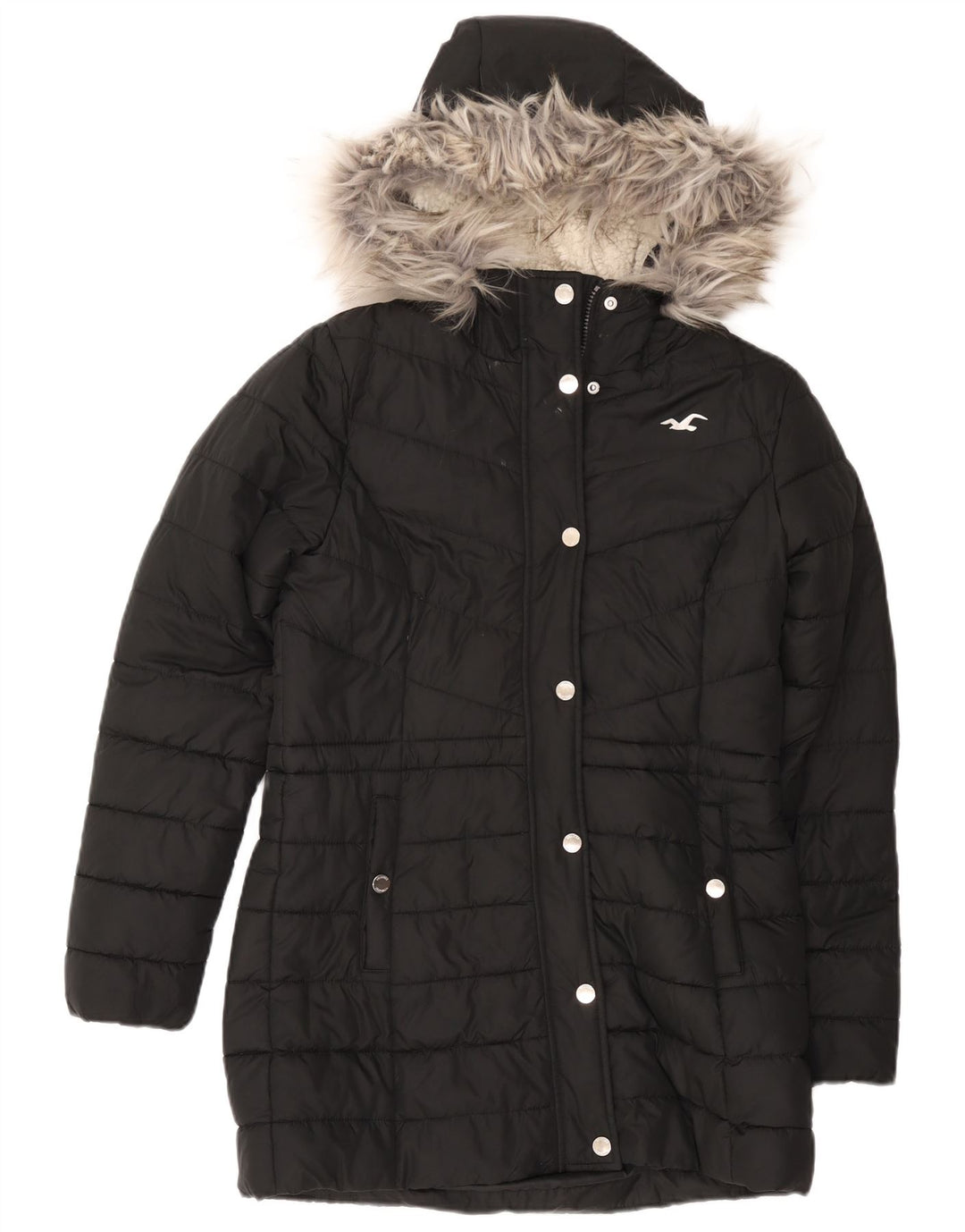 Hollister Womens Hooded Sherpa Padded Coat UK 14 Medium Black Polyester