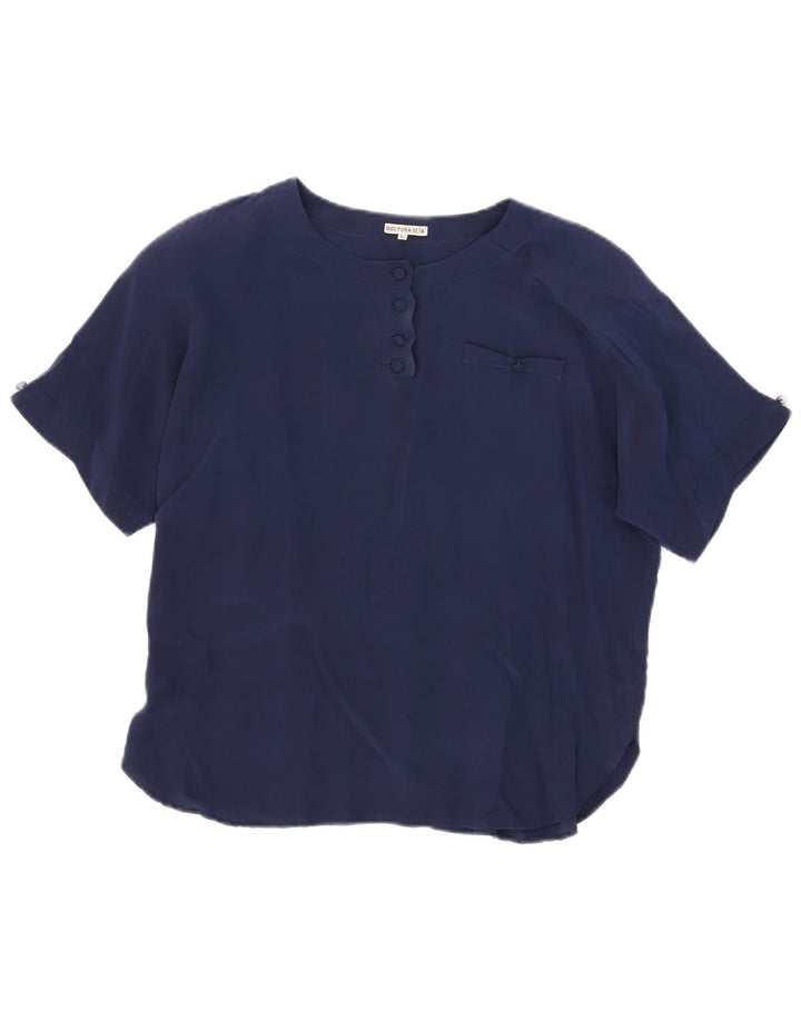Vintage Womens See Through Blouse Top UK 16 Large Navy Blue Silk