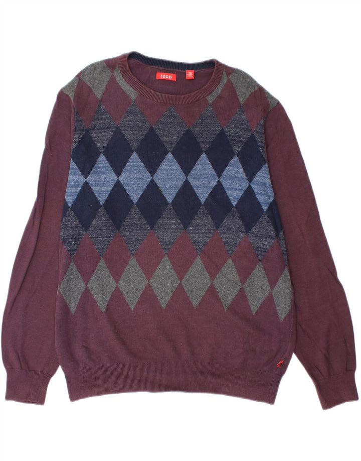 IZOD Mens Crew Neck Jumper Sweater Medium Burgundy Argyle/Diamond Cotton
