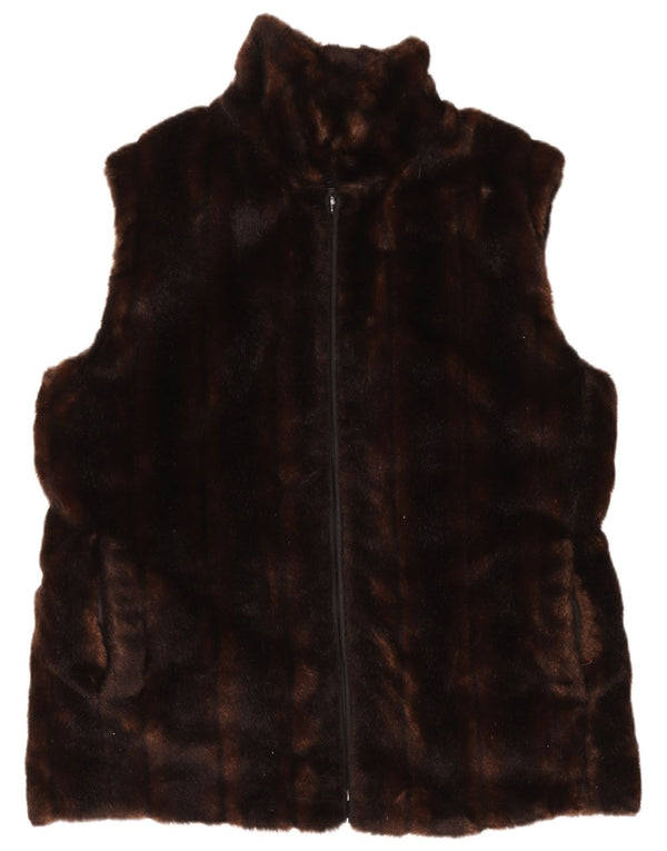 VINTAGE Womens Faux Fur Gilet UK 14 Medium Brown Acrylic