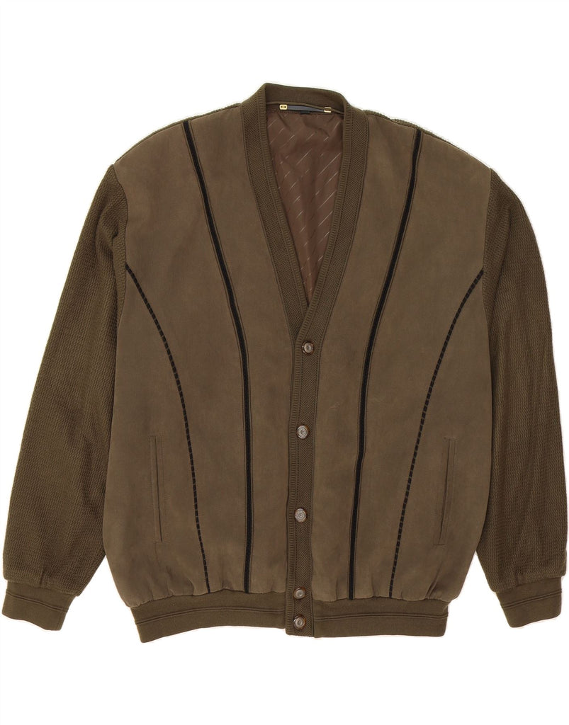 CANDA Mens Cardigan Sweater 2XL Green Striped Acrylic Vintage Canda and Second-Hand Canda from Messina Hembry 