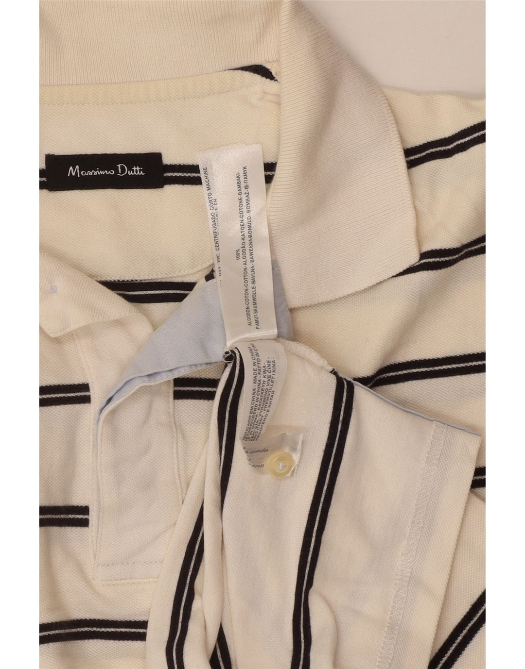 Massimo Dutti Mens Polo Shirt Medium Off White Striped Cotton