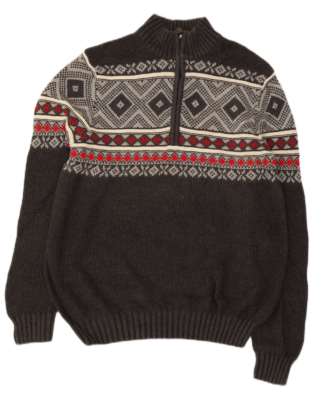 IZOD Mens Zip Neck Jumper Sweater Small Grey Fair Isle Cotton