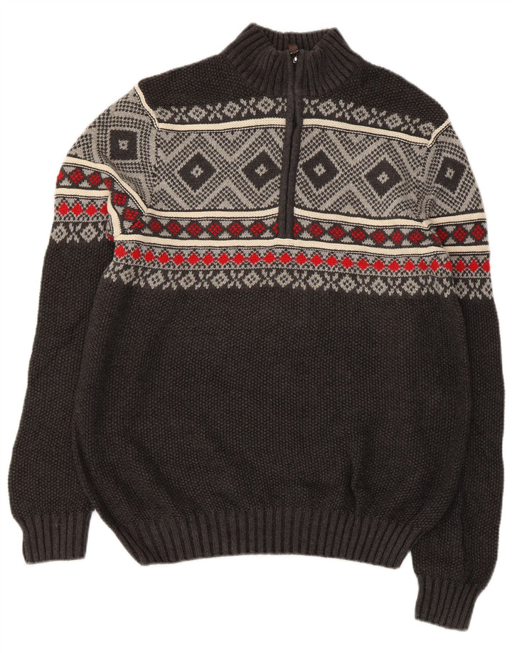 IZOD Mens Zip Neck Jumper Sweater Small Grey Fair Isle Cotton