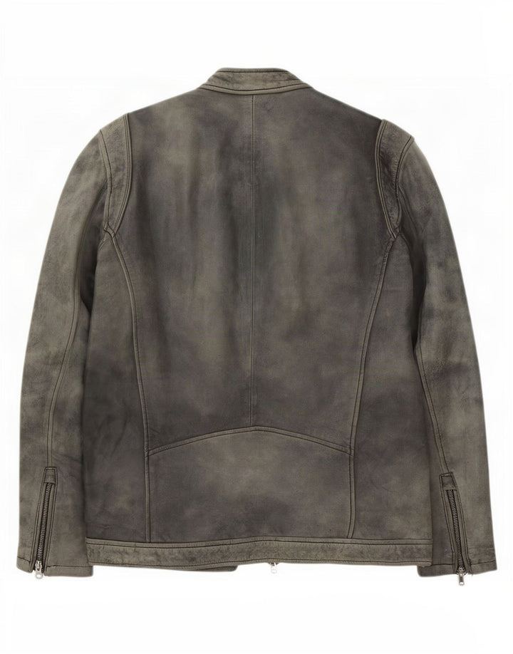 PEPE Jeans Mens Leather Jacket UK 44 2XL Grey