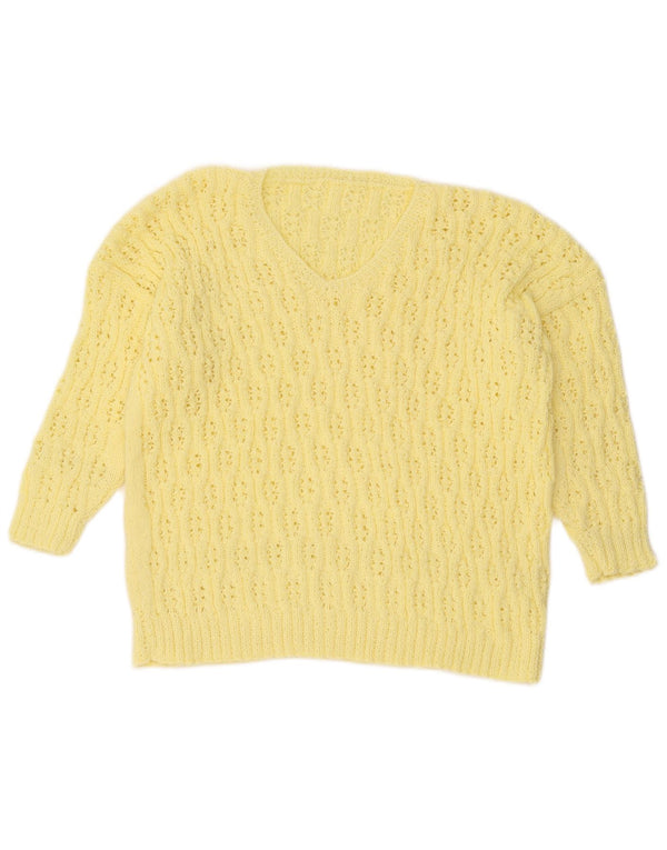 Vintage Womens 3/4 Sleeve V-Neck Jumper Sweater UK 16 Large Yellow