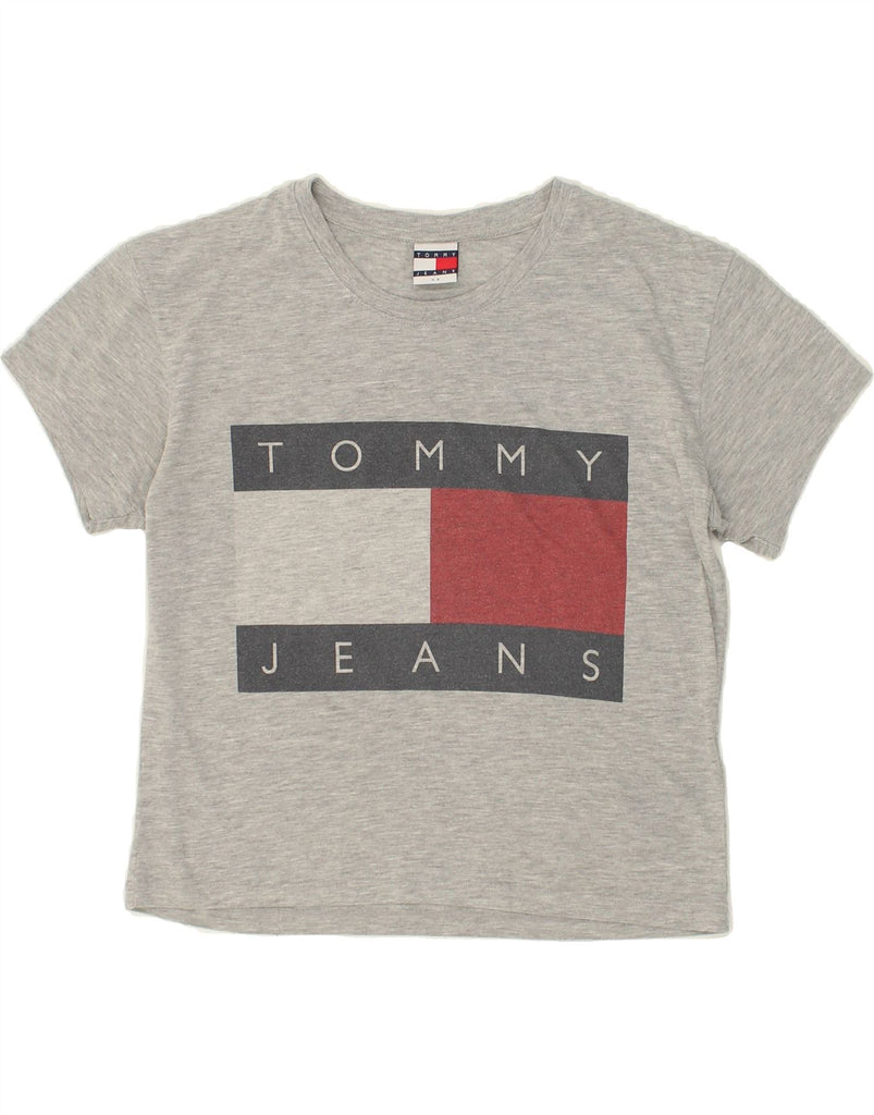 TOMMY HILFIGER Womens Crop Graphic T-Shirt Top UK 6 XS Grey Cotton Vintage Tommy Hilfiger and Second-Hand Tommy Hilfiger from Messina Hembry 