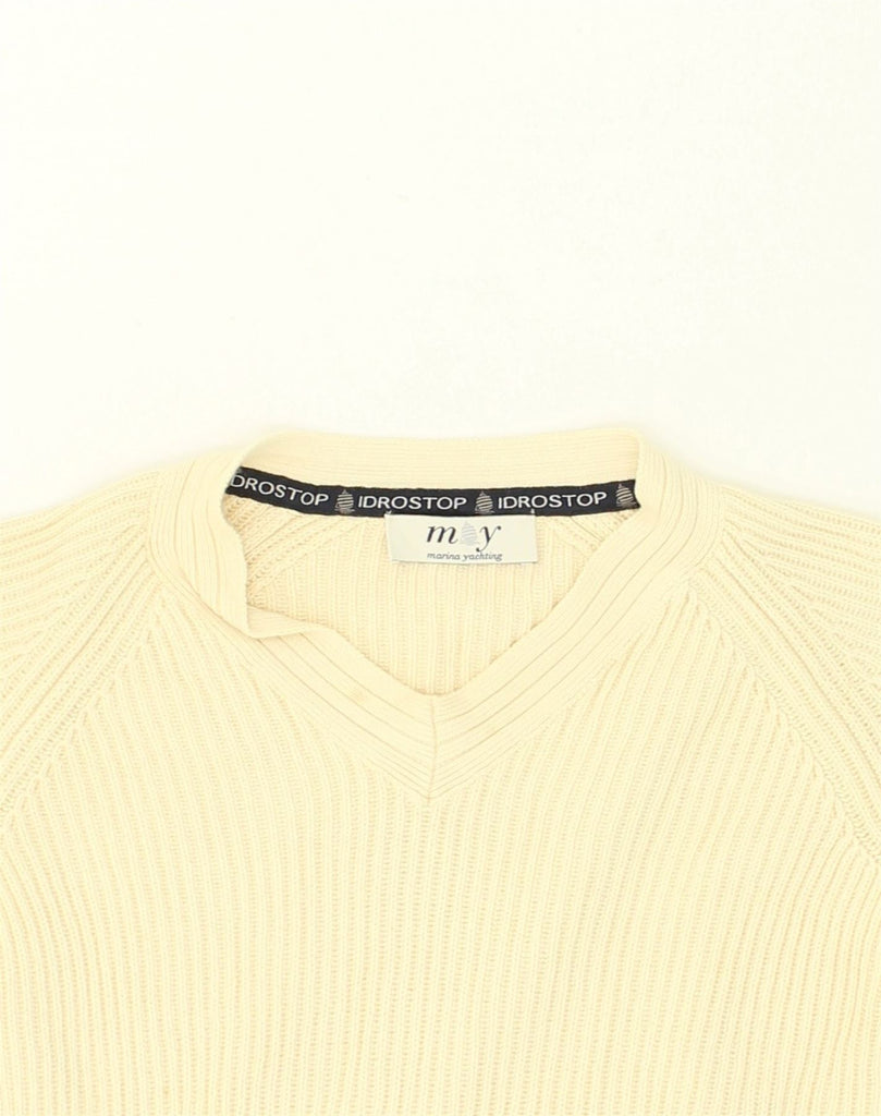 MARINA YACHTING Mens V-Neck Jumper Sweater Small Yellow Cotton | Vintage Marina Yachting | Thrift | Second-Hand Marina Yachting | Used Clothing | Messina Hembry 