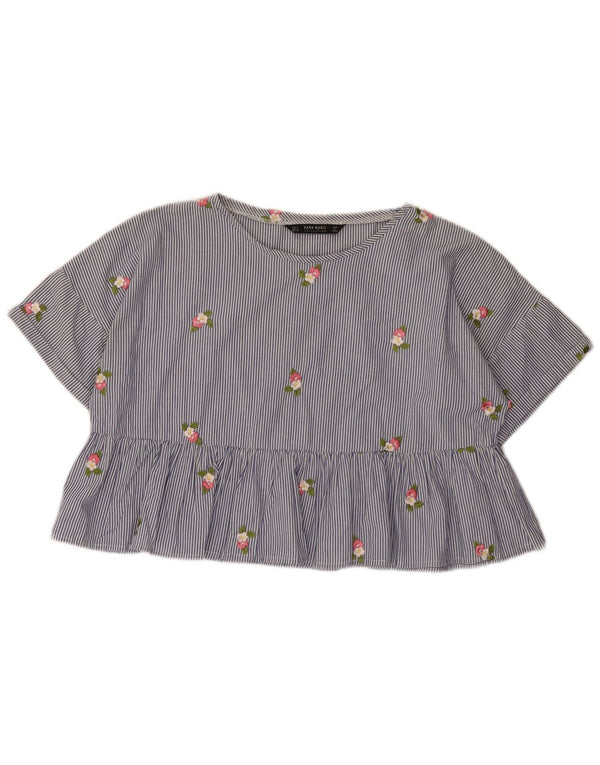 Zara Womens Oversized Crop Blouse Top UK 10 Small Blue Pinstripe Cotton