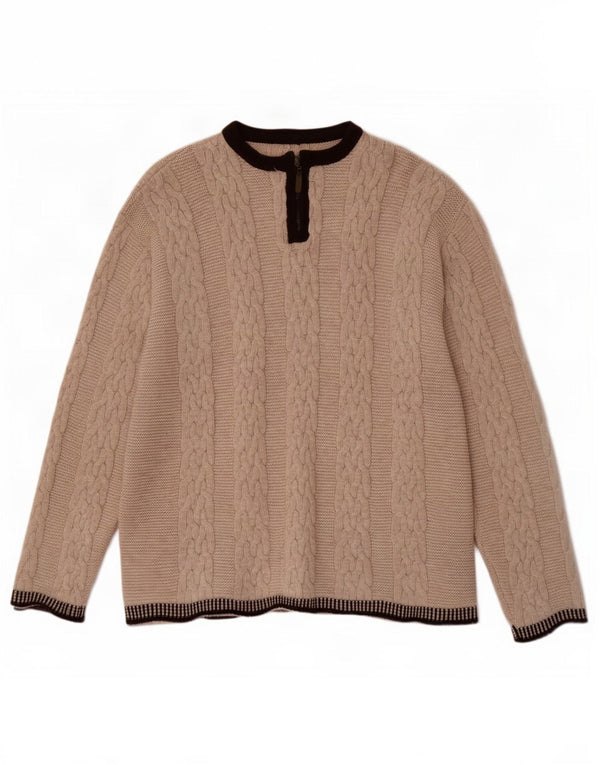 Vintage Mens Zip Neck Jumper Sweater Large Beige Colourblock Wool