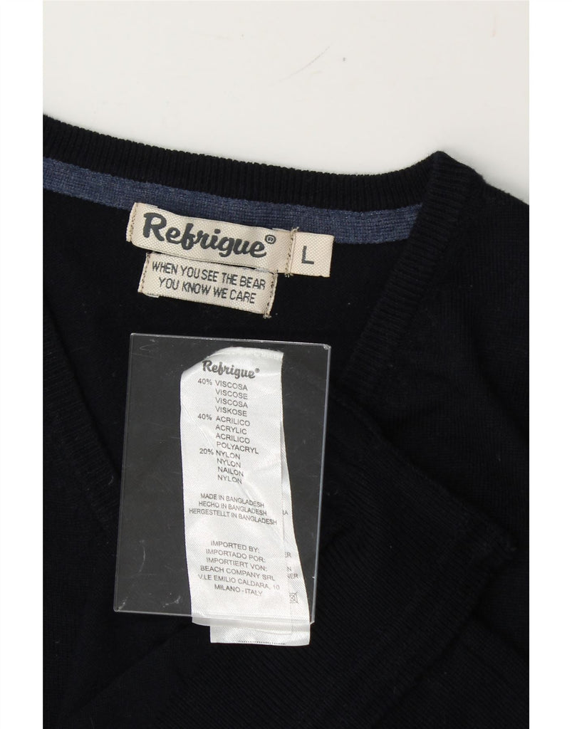 REFRIGUE Mens V-Neck Jumper Sweater Large Navy Blue Viscose Vintage Refrigue and Second-Hand Refrigue from Messina Hembry 