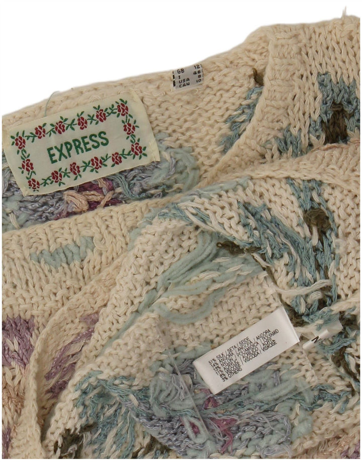 Express Womens Crew Neck Jumper Sweater UK 12 Medium Beige Floral Silk