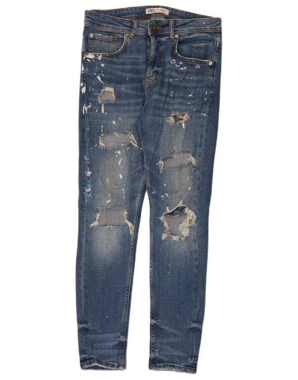 Zara Mens Distressed Slim Jeans EU 38 Small W30 L30 Blue Cotton