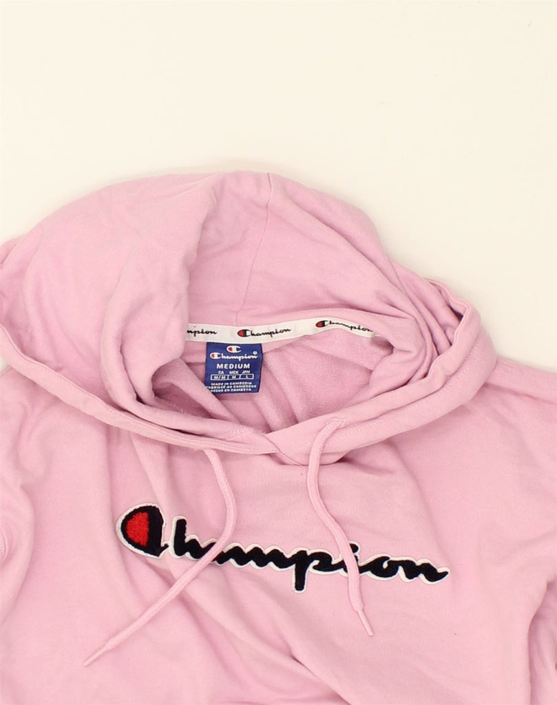 CHAMPION Womens Crop Graphic Hoodie Jumper UK 14 Medium Pink Cotton | Vintage Champion | Thrift | Second-Hand Champion | Used Clothing | Messina Hembry 