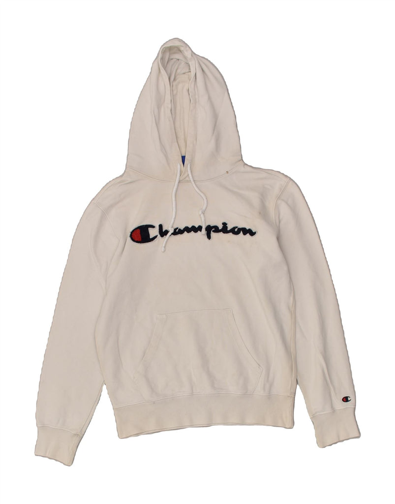 CHAMPION Mens Graphic Hoodie Jumper Small Off White Cotton | Vintage Champion | Thrift | Second-Hand Champion | Used Clothing | Messina Hembry 