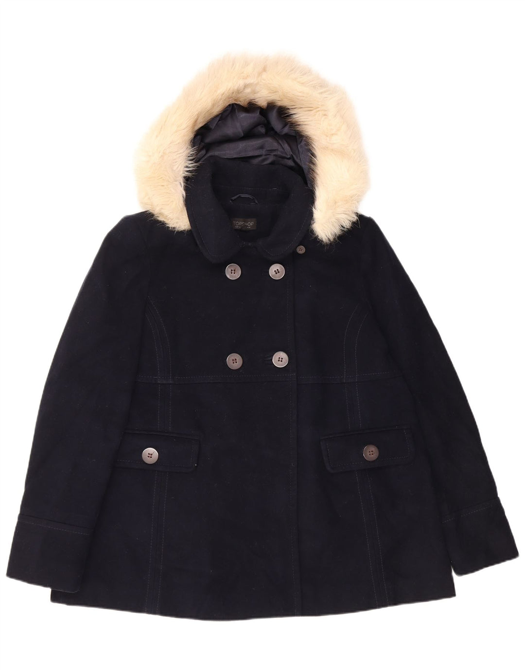 Topshop Womens Hooded Pea Coat UK 14 Large Navy Blue Polyester