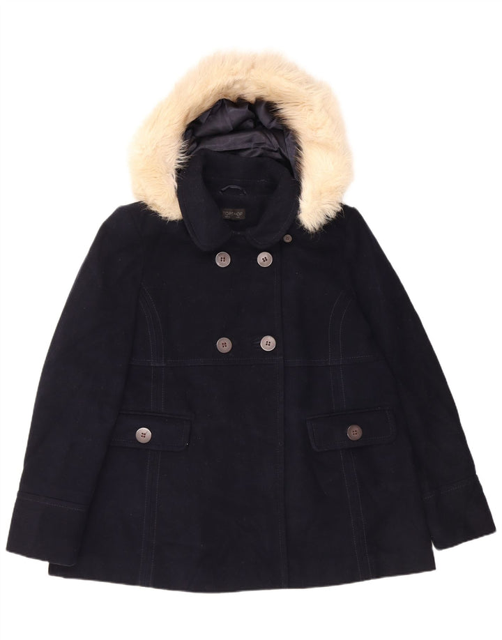 Topshop Womens Hooded Pea Coat UK 14 Large Navy Blue Polyester