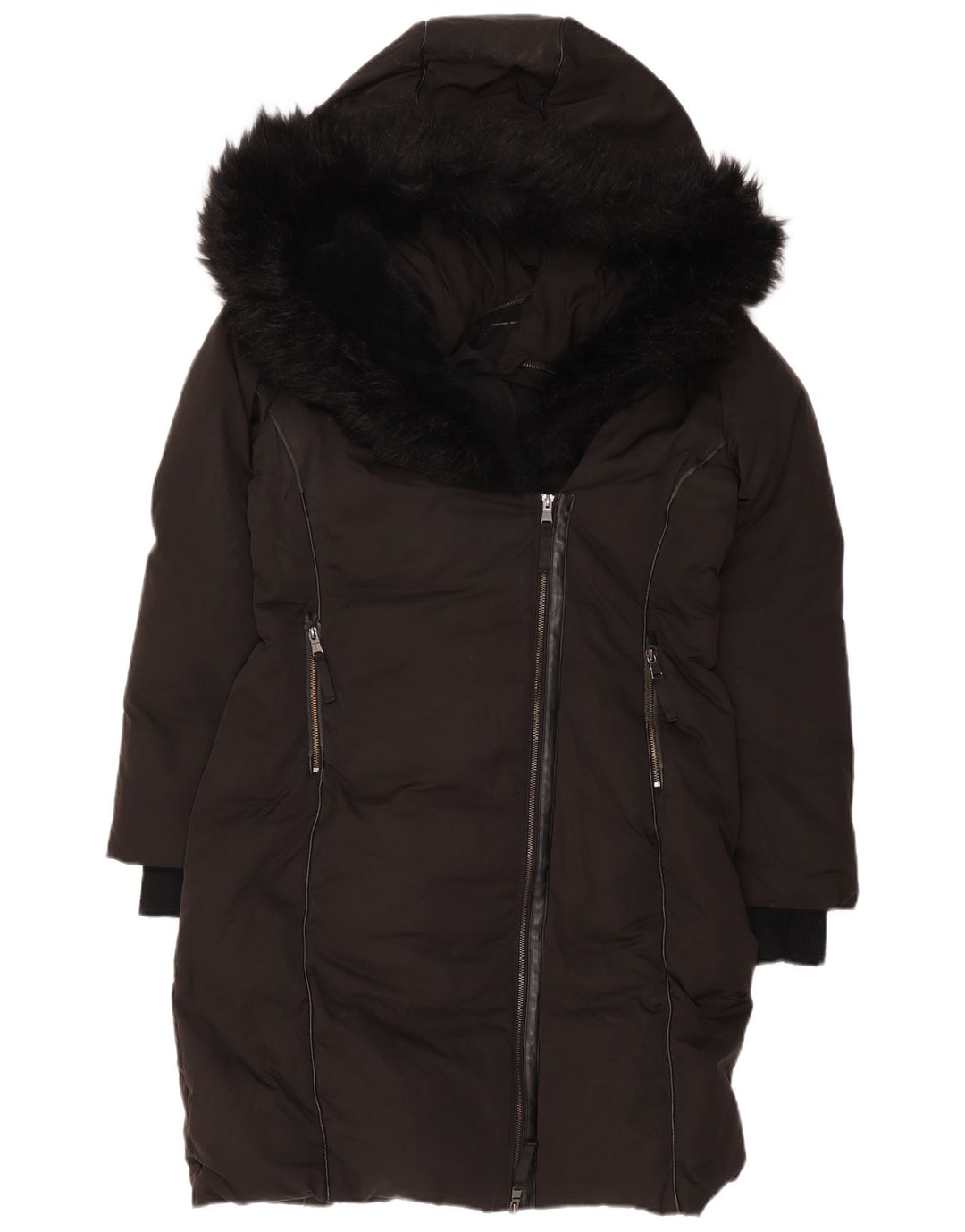 Zara Womens Hooded Padded Coat UK 14 Medium Black Polyester