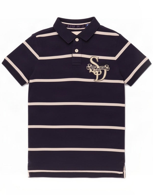 Superdry Mens Polo Shirt Medium Navy Blue Striped Cotton