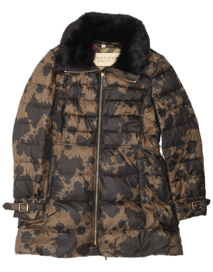 Burberry Womens Patterned Padded Coat UK 18 XL Brown Camouflage Designer