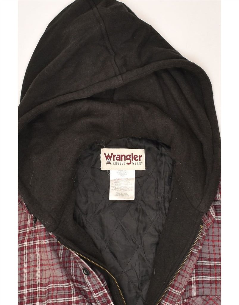 WRANGLER Mens Hooded Bomber Jacket UK 40 Large Burgundy Check Cotton | Vintage Wrangler | Thrift | Second-Hand Wrangler | Used Clothing | Messina Hembry 