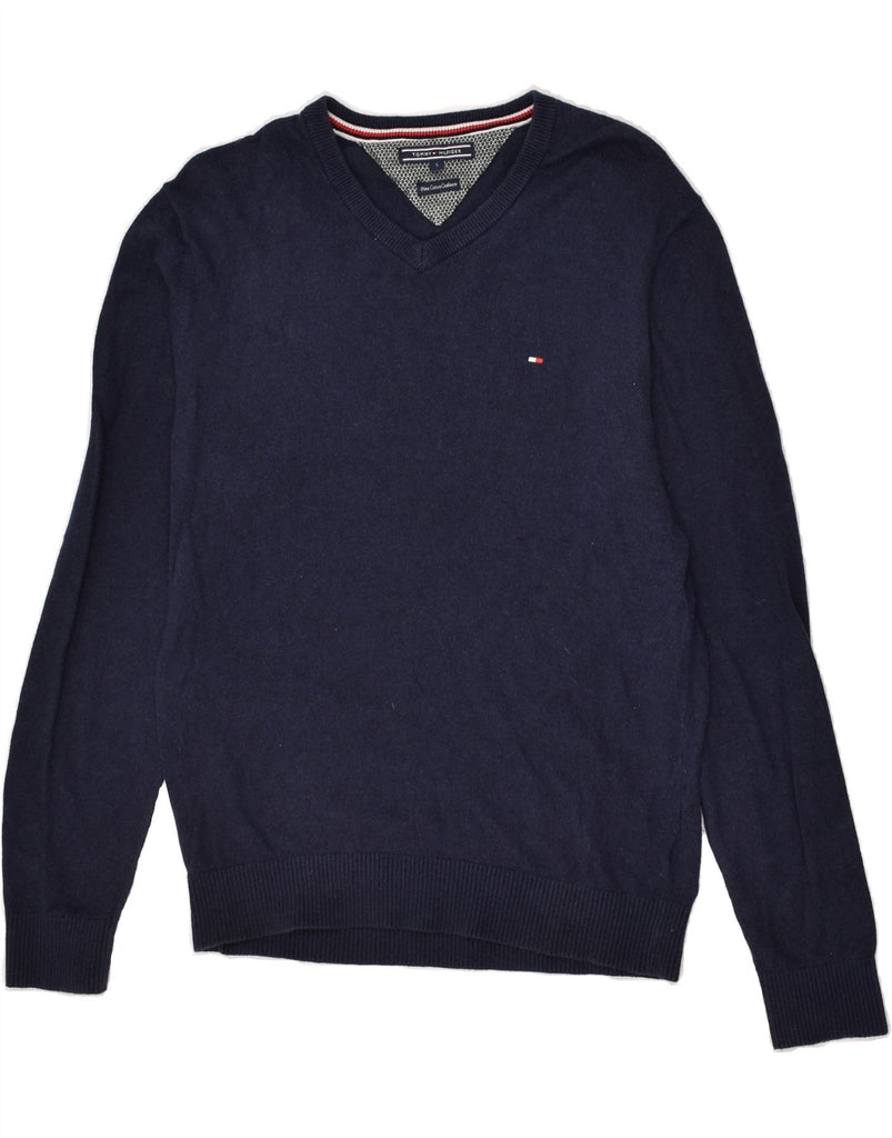 TOMMY HILFIGER Mens V-Neck Jumper Sweater Small Navy Blue Cotton | Vintage Tommy Hilfiger | Thrift | Second-Hand Tommy Hilfiger | Used Clothing | Messina Hembry 