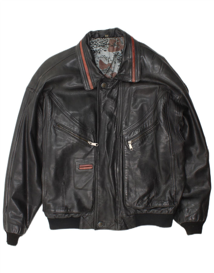 Angelo Litrico Mens Bomber Leather Jacket IT 50 Large Black Leather
