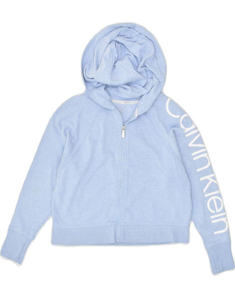 CALVIN KLEIN Womens Graphic Zip Hoodie Sweater UK 10 Small Blue Cotton | Vintage Calvin Klein | Thrift | Second-Hand Calvin Klein | Used Clothing | Messina Hembry 