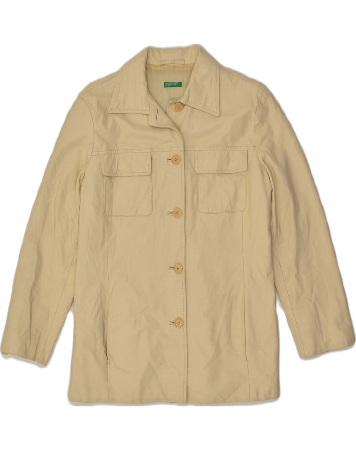 BENETTON Womens Leather Jacket UK 14 Medium Beige Leather | Vintage Benetton | Thrift | Second-Hand Benetton | Used Clothing | Messina Hembry 