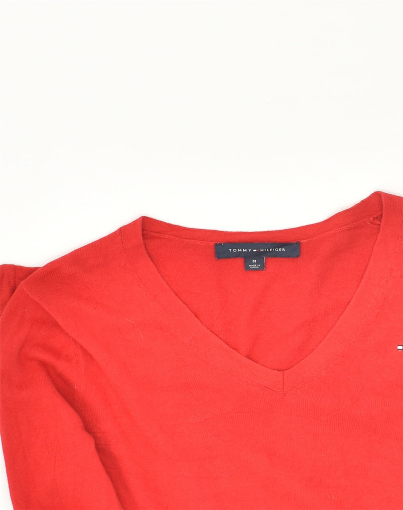 TOMMY HILFIGER Womens V-Neck Jumper Sweater UK 12 Medium Red Cotton | Vintage Tommy Hilfiger | Thrift | Second-Hand Tommy Hilfiger | Used Clothing | Messina Hembry 