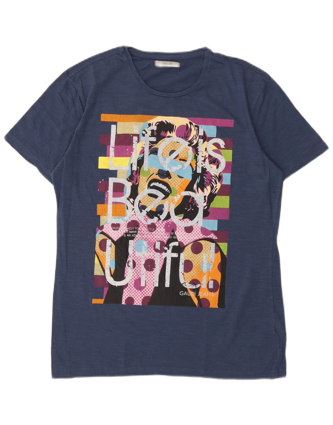 Gaudi Mens Graphic T-Shirt Top Large Navy Blue Cotton