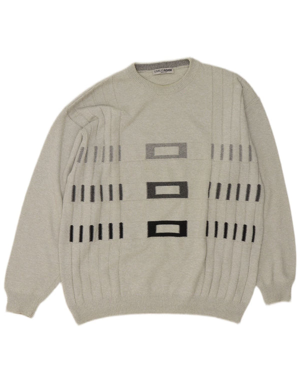 Emilio Adani Mens Crew Neck Jumper Sweater Large Grey Geometric Cotton