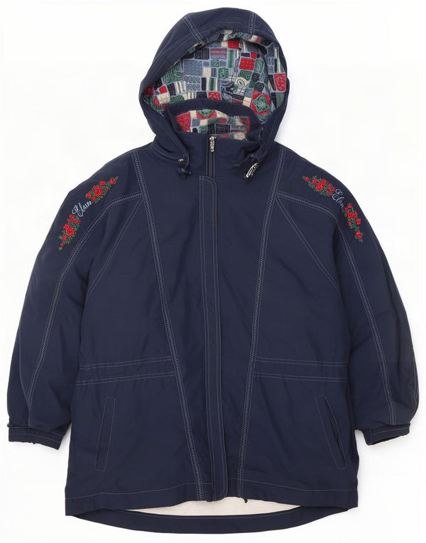Vintage Womens Graphic Hooded Rain Jacket UK 14 Large Navy Blue Floral