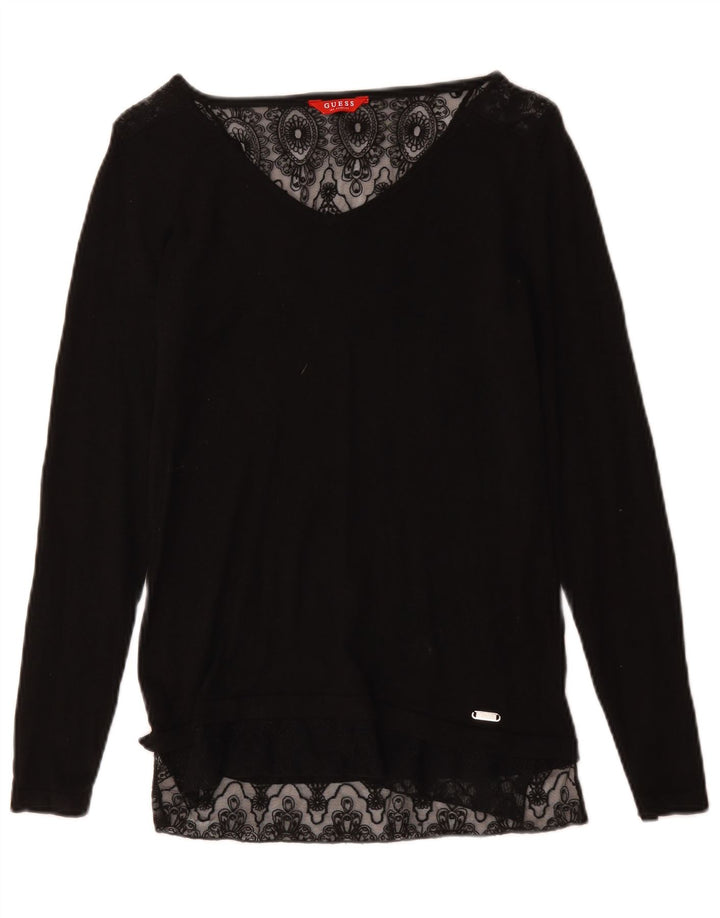 Guess Womens Top Long Sleeve UK 10 Small Black Floral