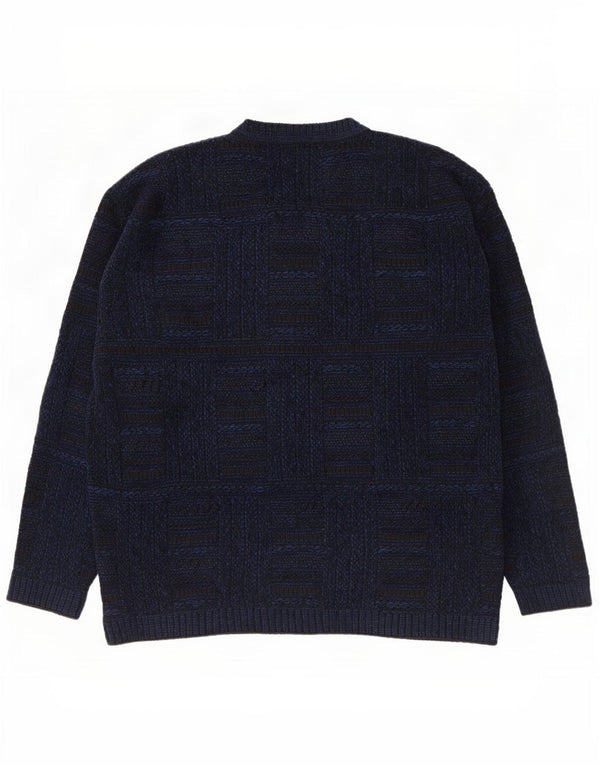 Enara Maglie Mens V-Neck Jumper Sweater Large Navy Blue Check Acrylic