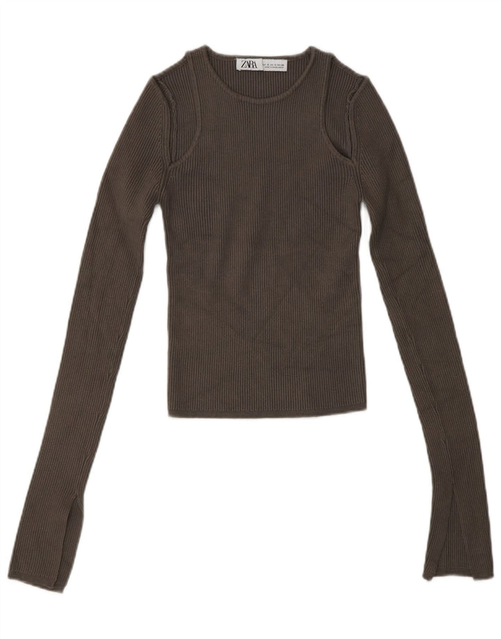 ZARA Womens Crop Boat Neck Jumper Sweater UK 8 Small Brown