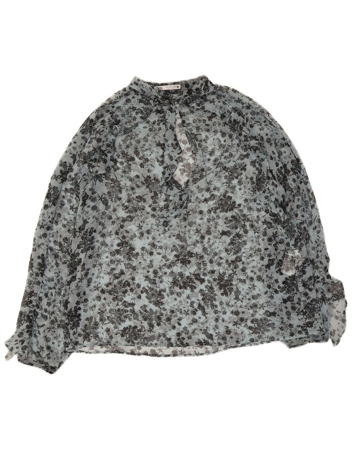 Zara Womens See Through Long Sleeve Blouse Top UK 14 Medium Blue Floral