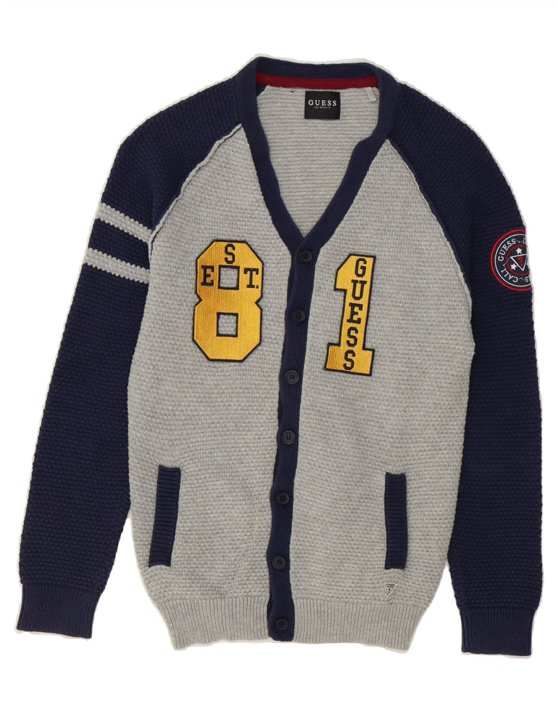 GUESS Boys Graphic Cardigan Sweater 15-16 Years Grey Colourblock Cotton Vintage Guess and Second-Hand Guess from Messina Hembry 